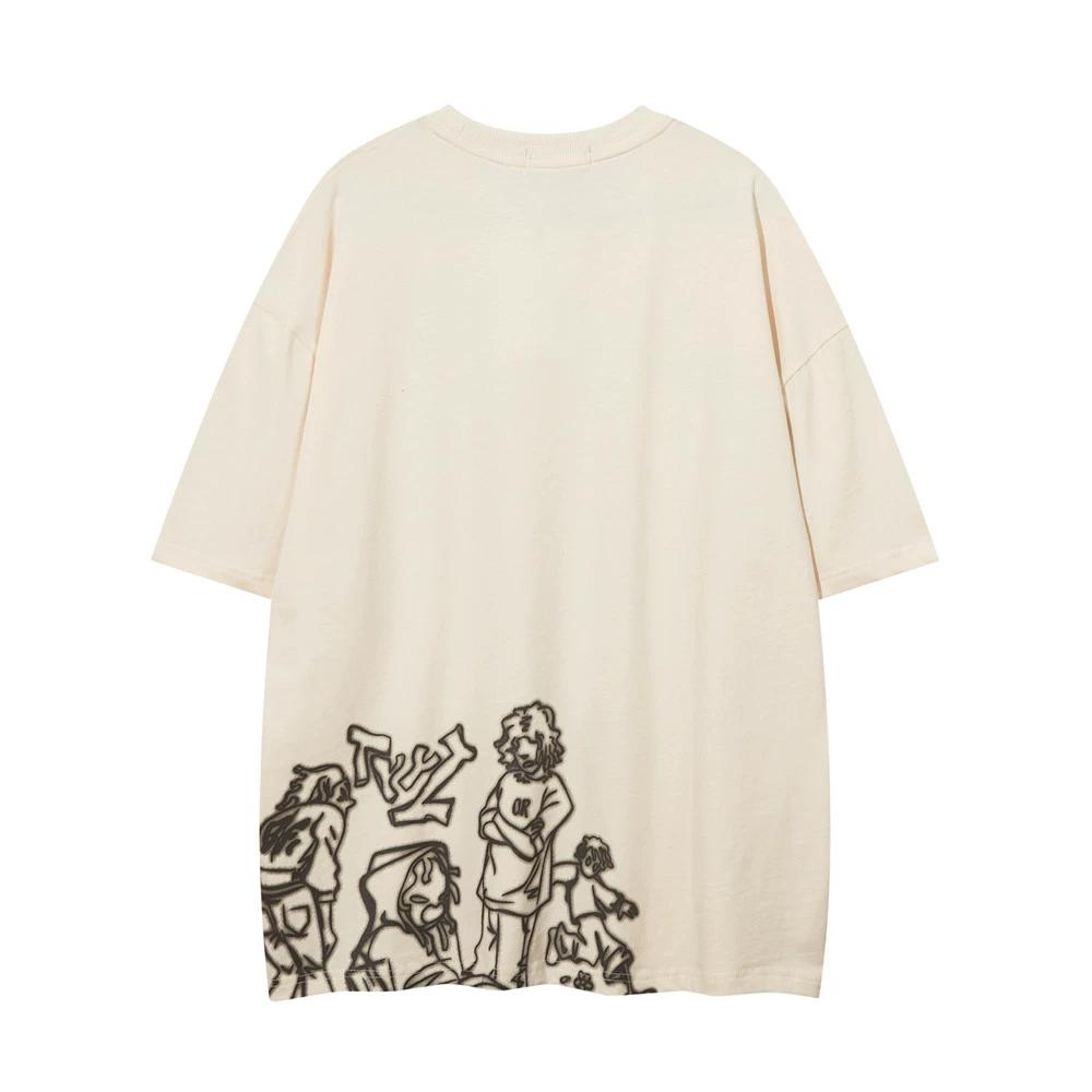 Letní Kreslený Styl Skica Tištěné Tričko s Krátkým Rukávem Pánské China-Chic Ležérní Prodyšné Tričko s Pětinovým Rukávem Bavlněné Tričko