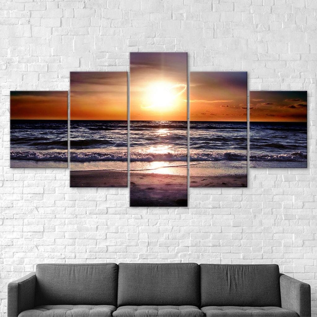 Sunset Beach Sea Waves Canvas 5 Piece Five Panel Wall Print Modern Art Poster Picture Home Decor Gift For Him For Her