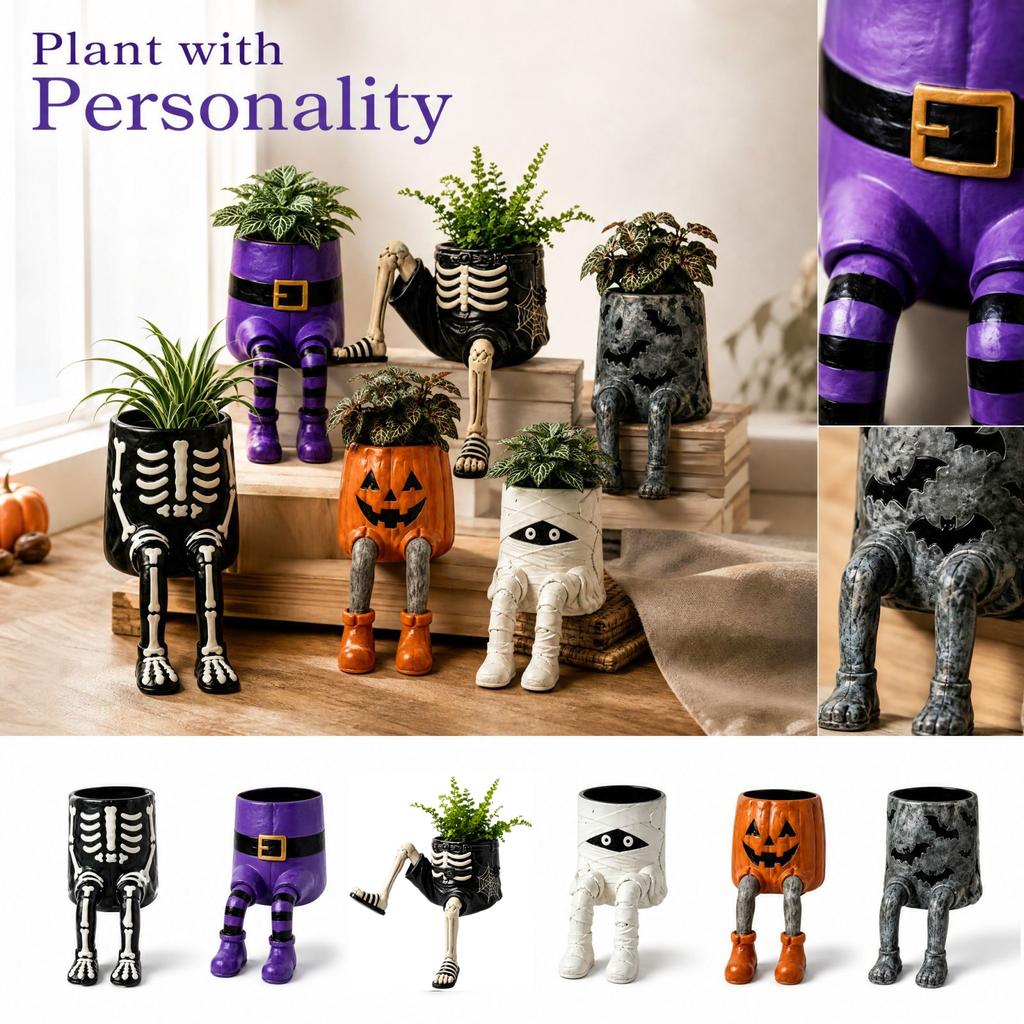 Halloween Resin Planter with Quirky Sitting Character and Dangling Legs for Indoor Home Decor