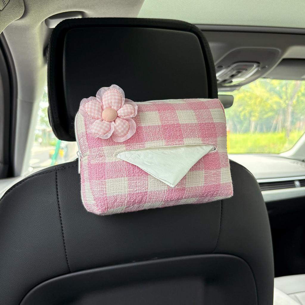 Cartoon Bear & Bunny Plaid Tissue Box for Car Seat Back, Armrest, or Sun Visor
