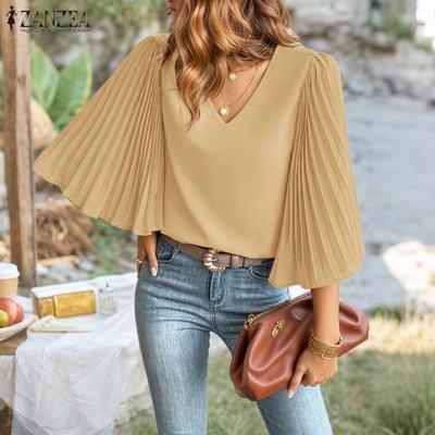 Women Casual V-Neck Pleated 3/4 Sleeve Loose Blouse