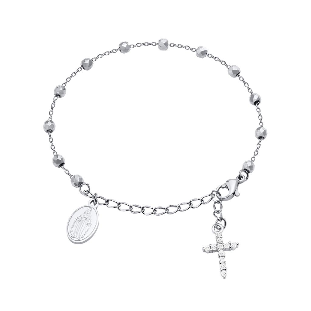 Edelstahl Jungfrau Maria St. Benedikt Kreuz Armband, Perlenkette Armband Damen Religiöser Schmuck