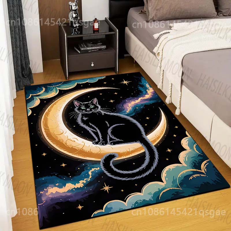 Multiple sizes Black cat on crescent moon Print Carpet Rug for Living Room Bedroom Sofa Doormat Home Decor Non-slip Floor Mat