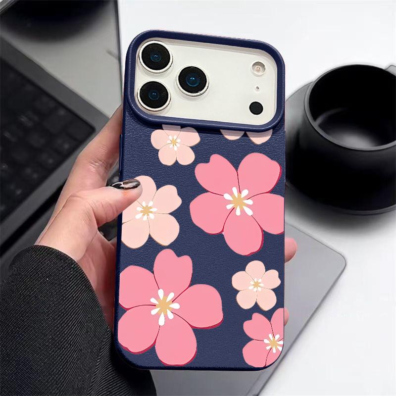 Fresh Style Cherry Blossom Pattern Case For iPhone 17 Pro Max Leather Texture Soft Silicone Cover For iPhone 16 15 14 13 Pro 12 11 16E Air