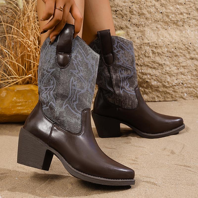 Retro Embroidered Women's Cowboy Boots Chunky High Heels Pointed Toe Winter Boots Woman Brown PU Leather Western Botas De Mujer