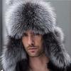 Russian Leather Bomber Men Winter Earmuffs Trapper Earflap Cap Man Real Raccoon Fur Black Fox Hats
