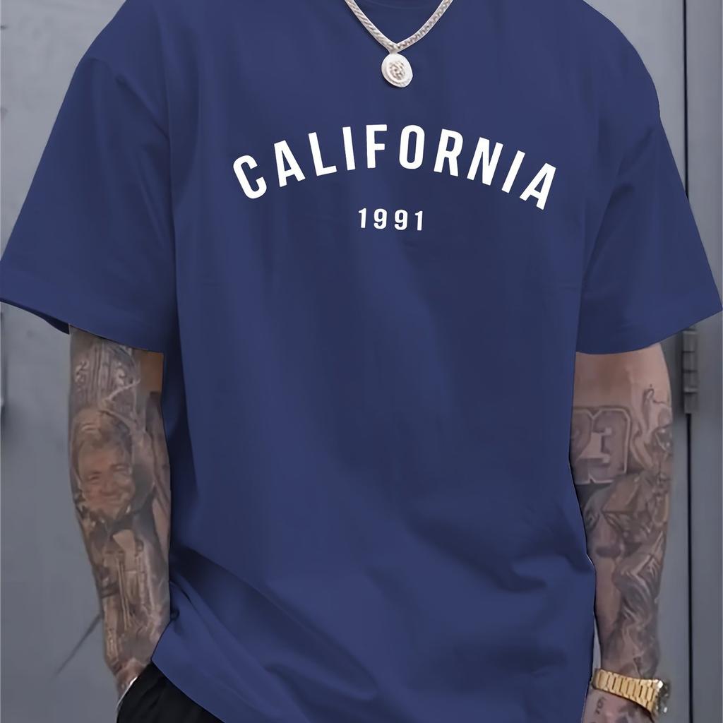 Unisexs Summer 100 Pure Cotton Fashionable Casual Loose Sports California 1991 Pattern Print Round Neck Short Sleeved Tshirt Top