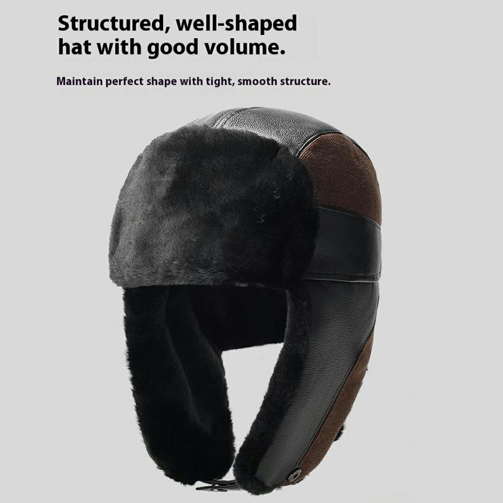 Winter PU Trapper Hat Outdoor Windproof Ski Cap Ear Flap Protection Thickened Fleece Lined Warm Hat