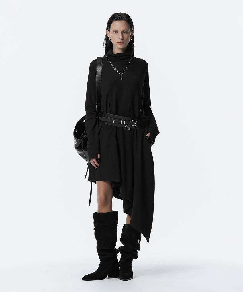 Teulimingbeodeu Turtleneck Pintuck Jersey One-Piece [ Black ]