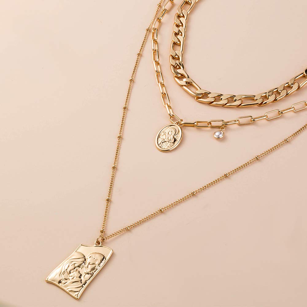 [Deelfel] Women's Necklace, Pearl, Gold (18k), Figaro Chain, Christ, Jesus, Buddha Statue, Amulet, Triple Chain Necklace, Main Deity Pendant, Purifica