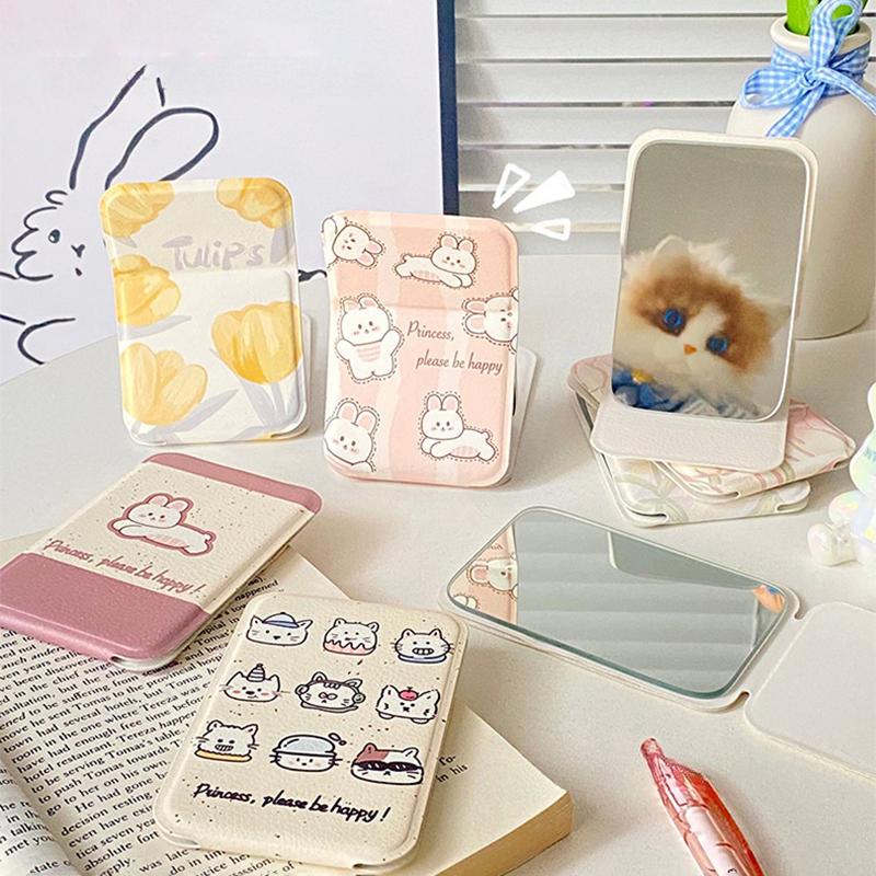 Stolní kosmetické zrcátko Jednobarevné PU kůže Jednoduché Přenosné Ruční kosmetické zrcátko Skládací Studentské Kompaktní Roztomilé Kapesní zrcátko