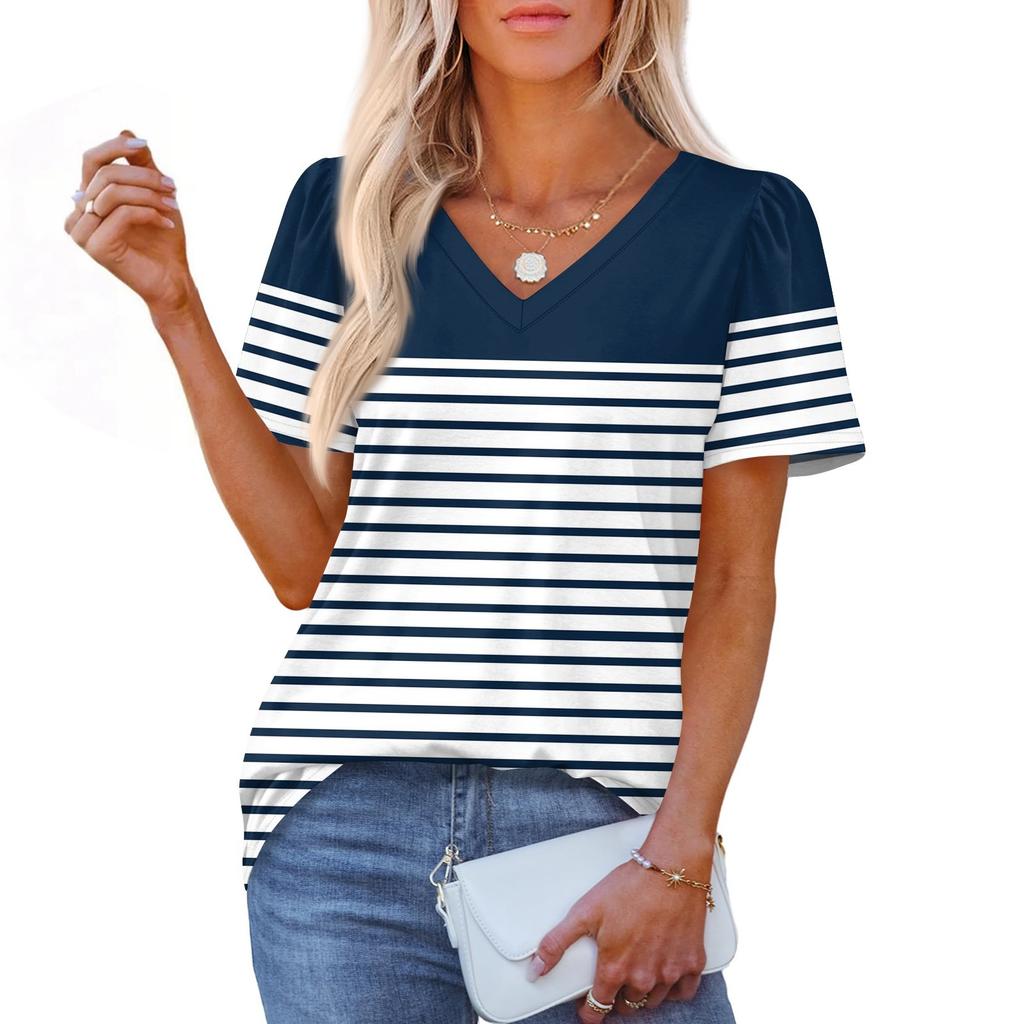 Women's Fashionable Casual Short Sleeve Print V-Neck Pullover Top