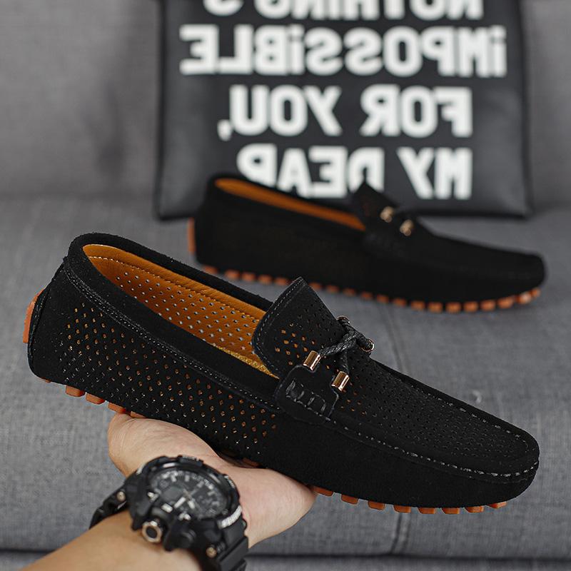 

Summer Mens Casual Shoes Breathable Punching Leather Classic Loafers Shoes Moccasins Men Outdoor Non-slip Driving Shoes 50 чёрный