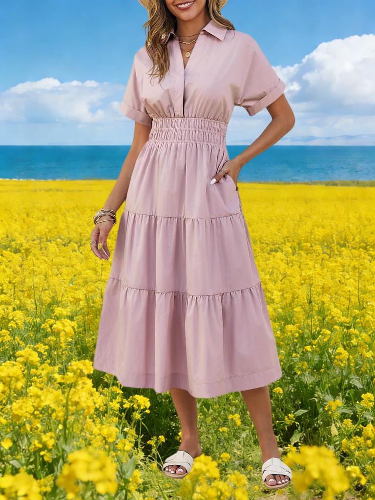 Womens V Neck Smocked Maxi Dress Short Sleeve Flowy Tiered Dress With Pockets