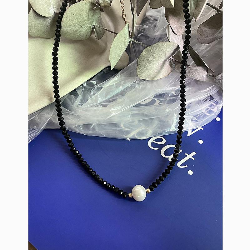 Elegant Black Water Crystal Pearl Necklace For Women With Geometric Chain Pendant
