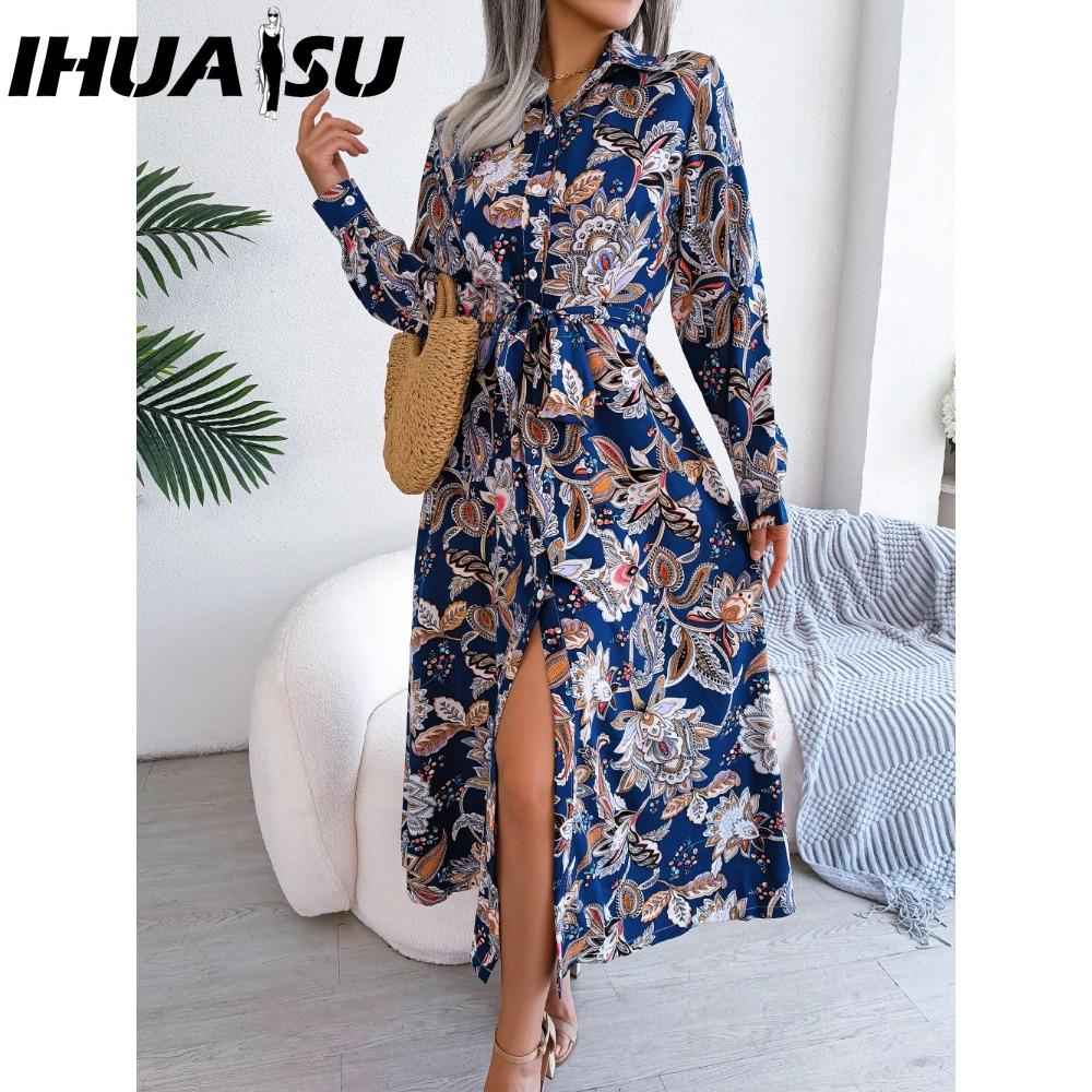 

IHUASU Женское платье-рубашка с длинным рукавом и цветочным воротником в стиле ретро на весну-лето XL синий