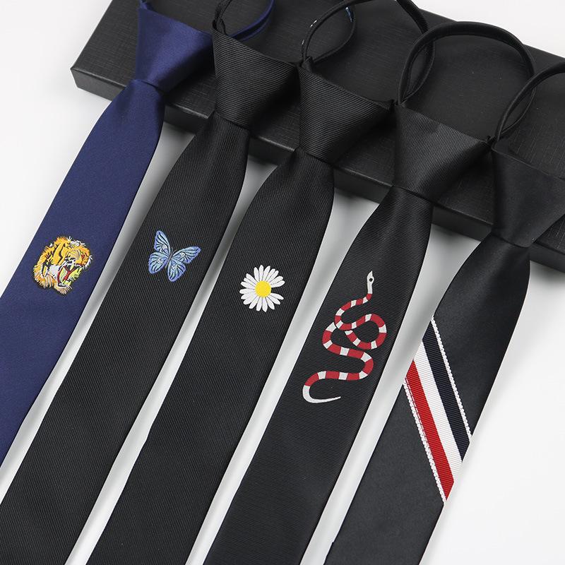 Tie Embroidery 5Cm Narrow Black And Gray Stripes Men And Women Personality Lazy Zipper Student Japanese