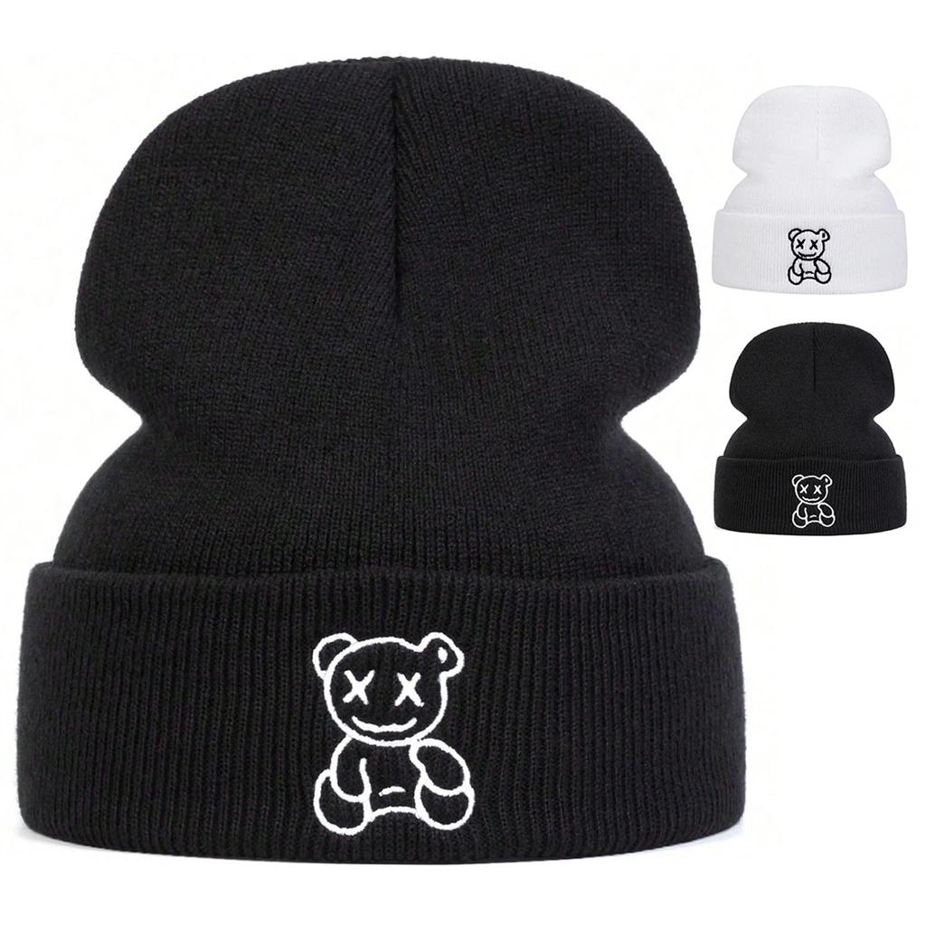 Knitted Warm Winter Autumn Beanies Stitching Embroidered Bear Little Neutral Gender Women Men For Hats Hip Hop Urban Street Style Cap Beanie Hat