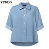 VONDA Elegant Women Short Sleeve Lapel Button Down High Low Hem Casual Cropped Blouse