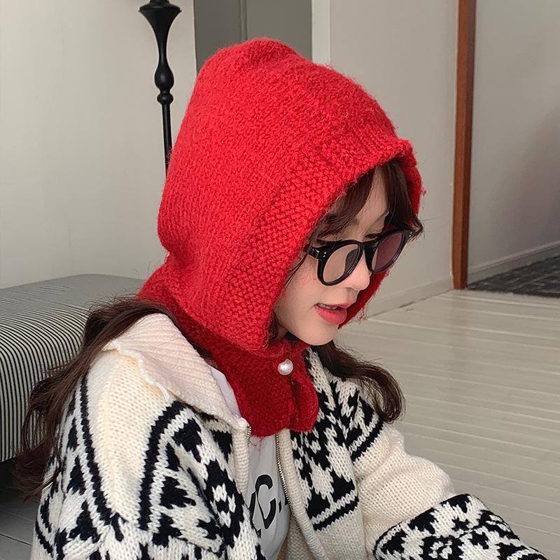 New Year's Red Hat Scarf One Piece Women's Winter Korean Style Warm Knitted Woolen Hat Ear Protecting Balacrafa