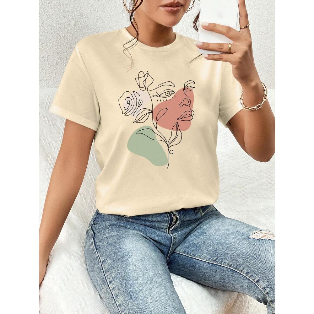 Dámské tričko Essnce Casual Fit Květinový potisk s kulatým výstřihem Krátký rukáv, Vhodné na léto