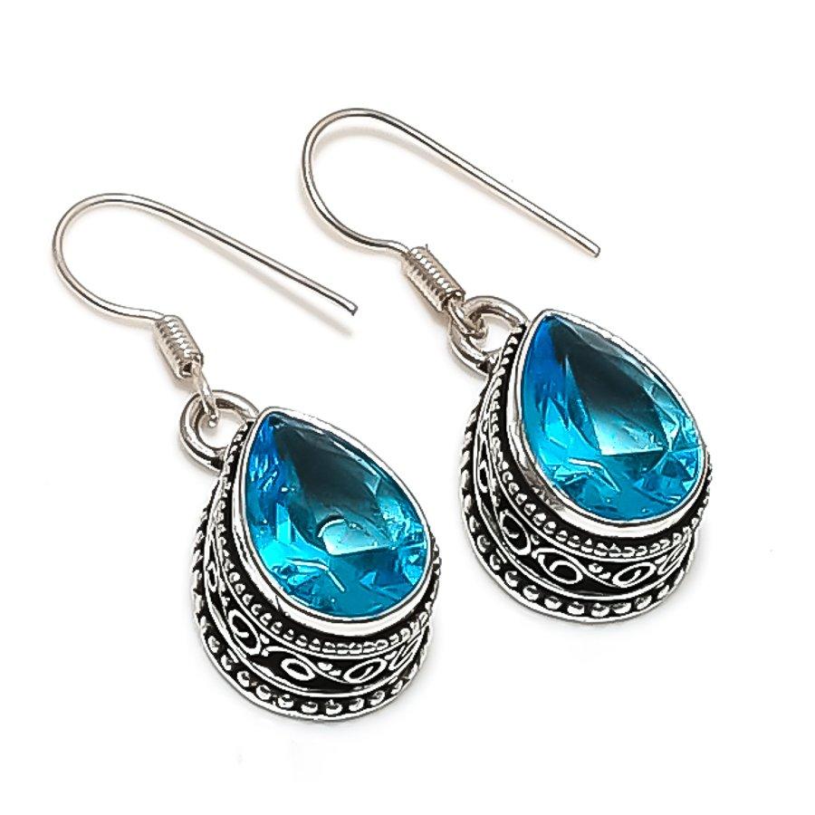 Natural Swiss Blue Topaz Gemstone 925 Sterling Silver Jewelry Earring 1.38" D5h64
