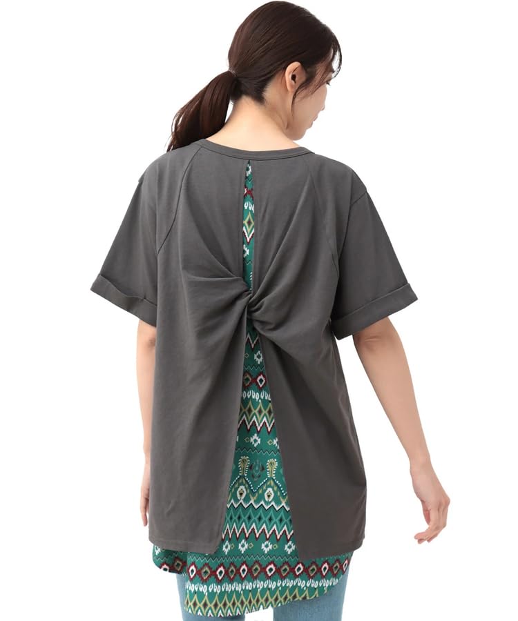 

Twist Faux Layered Pullover Backless Layering Style Geometric Pattern Short Sleeve FREE Charcoal Gray NSJBC125 [Titicaca] Women s