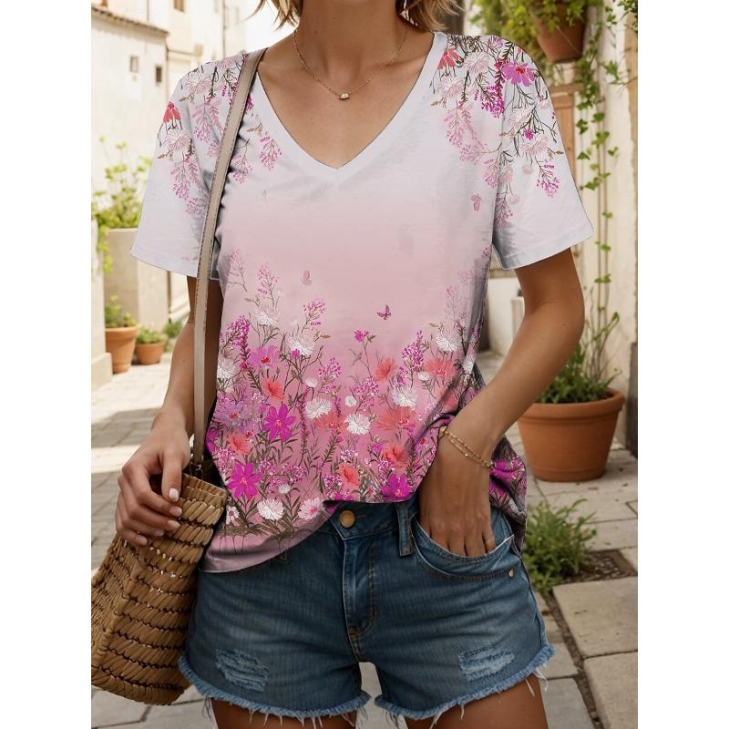 Fashionable New Casual Women's Clothing Color Pattern 3D Printed V-neck T-shirt Daily Loose Women's Short Sleeved T-shirt