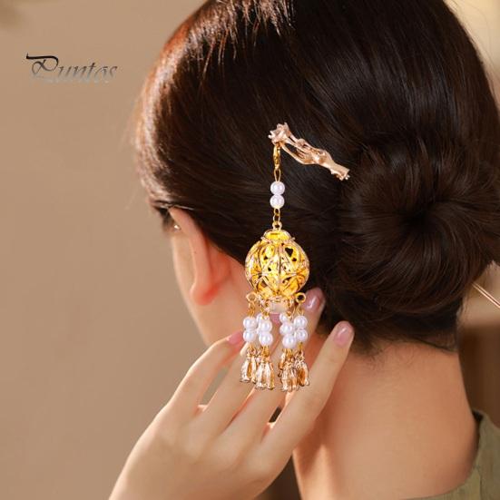 Hair Stick Women Vintage Traditional Chinese Palace Lantern Shape Pendant Faux Pearl Fork Decor Tassel Stainless Exquisite Forks Hanfu Dress Prop Lady