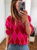 2025 Autumn/Winter Women's Casual Round Neck Color Block Print Sweater - Warm Long Sleeve Top
