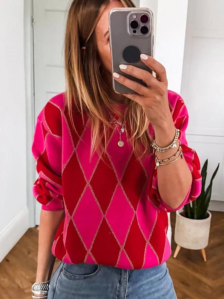 2025 Autumn/Winter Women's Casual Round Neck Color Block Print Sweater - Warm Long Sleeve Top
