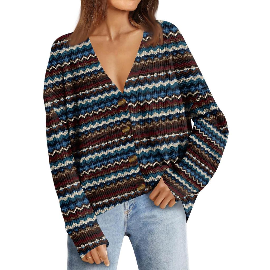 Women's Fashion Long Sleeve Christmas Print V-Neck Button Loose Cardigan Top