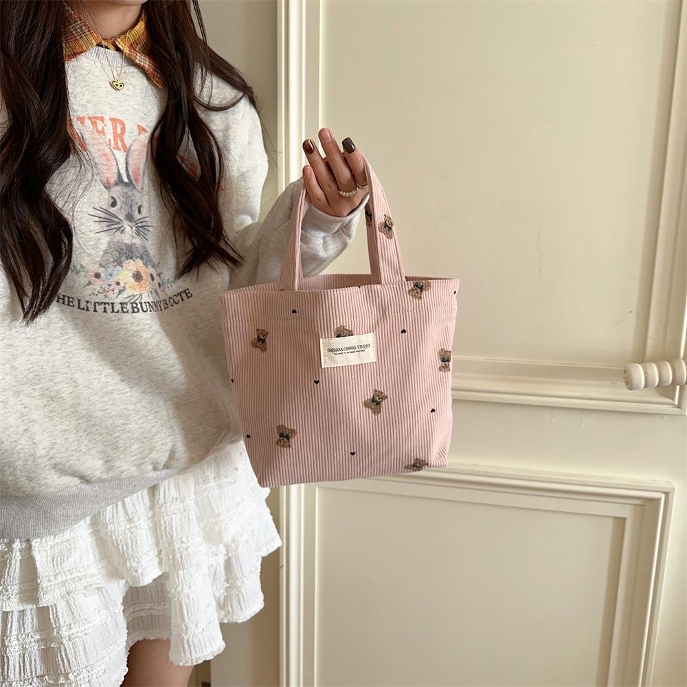 Corduroy Bear Handbag for Women, Outer Carry Bag, Lunch Bag, Student Small Lunch Box