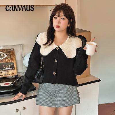 Übergröße Damen Süßer Altersreduzierender Puppenkragen Herbst Locker Gestrickter Cardigan-Pullover