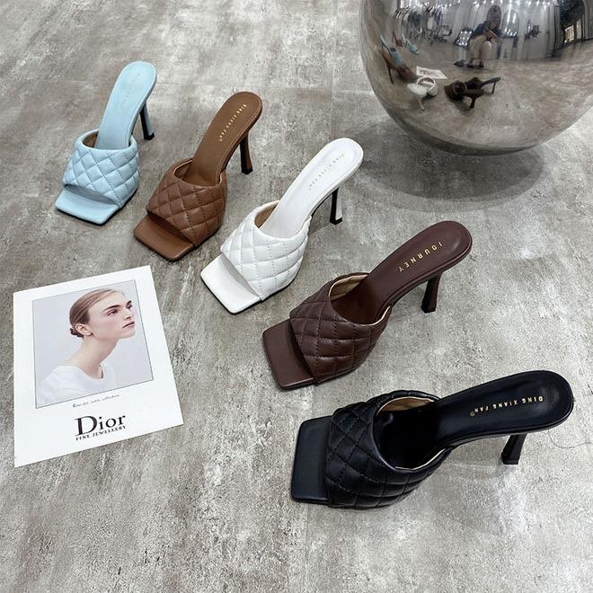 Весенне-летние новинки, европейские и американские подиумы, дизайн  хлеб ромбом , модные сандалии, простой квадратный носок, шлепанцы на высоком каблуке 35