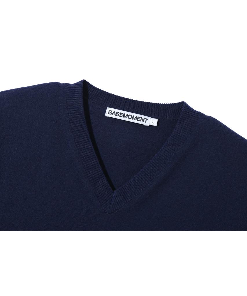 BASEMOMENT Side Slit V-Neck Half Knit Navy