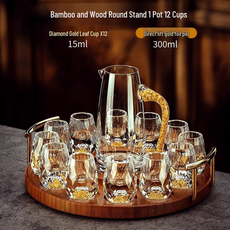 Gold Leaf Facet Wine Glass Set: High-Grade Crystal Decanter & Holder for Home or Gift Use