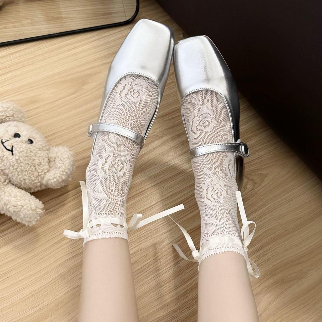 Milky White Hollow Ribbon Lace Women's Summer Short Calf Socks - Mary Jane Style