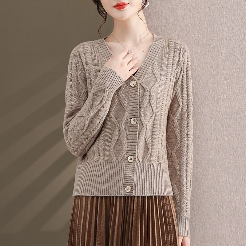 V-neck Knitted Cardigan Coat Women's New Loose Short Fried Dough Twist Sweater Fashion Top