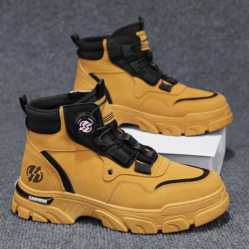 Autumn and winter new leather high-top Martin boots rotating button cover feet outdoor sports big yellow boots men's boots