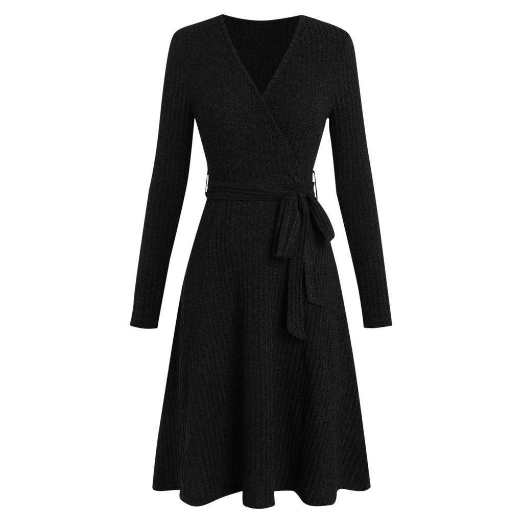 Women's Fashionable Loose-Fit V-Neck Long-Sleeve Tie-Detail Casual Dress