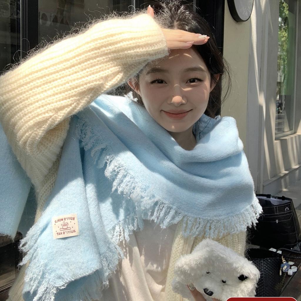 Blue Tassel Knitted Scarf for Women in Winter Korean Style Versatile High End Thickened Warm and Cold Protection Neck Scarf Shawl