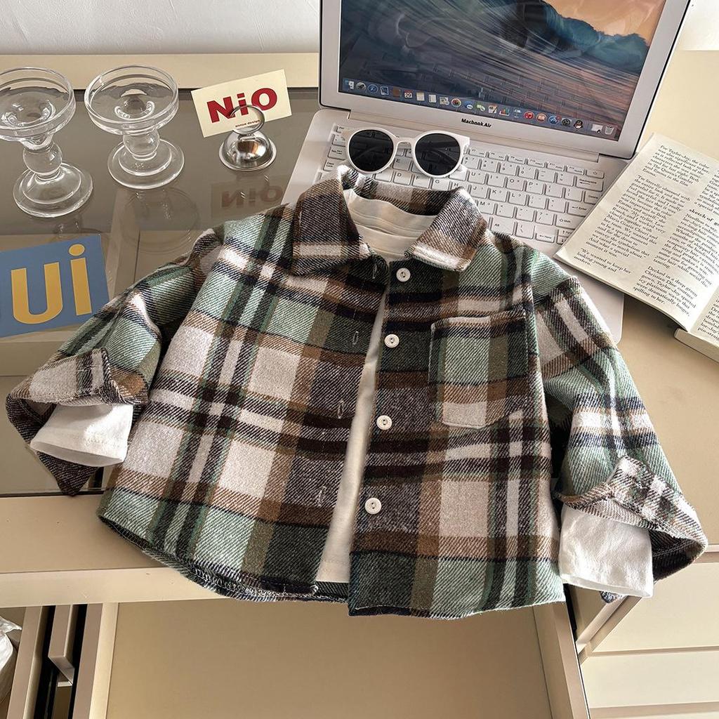 Kids' Retro Plaid Long-Sleeve Shirt with Lapel Collar - Unisex Autumn Cardigan Outerwear