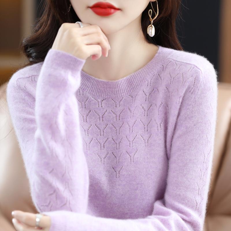 2023 Fashion New Pullover Sweater Round Neck Hollow Jacquard Knitted Top Loose Bottom