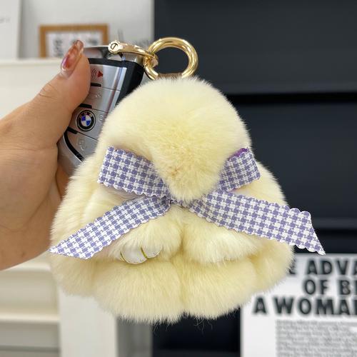 Real Rex Rabbit Hair Bowknot Little Rabbit Car Key Chain Pendant Cute Plush Drop Ear Rabbit Doll Bag Pendant
