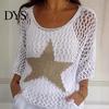 Cutout Knit Top Women Crochet Tops O-neck 3/4 Sleeves Hollow Out Sexy Blouse Fishnet Star Pattern Mesh Swimsuit Cover-Up Knitwear