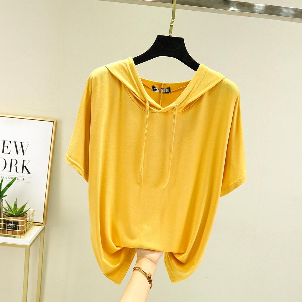 T-shirt à capuche manches courtes en modal pour femme Printemps/Été - Haut de base léger coupe ample