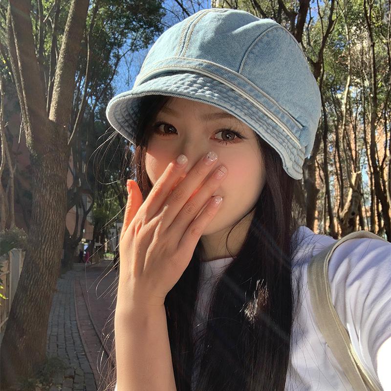 Retro Denim Bucket Hat Women's Spring Summer Big Head Circumference Painter Hat Showing Face Small Short Brim Beret Drape Pile Hat