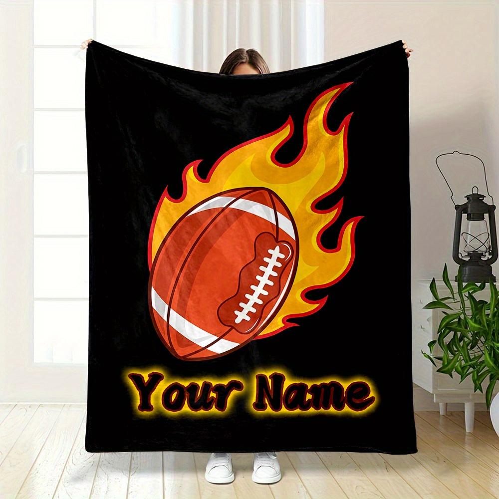 Custom Name Flame American Football Print Flannel Blanket Soft Throw Blanket for Sofa Bed Couch All Season Sports Room Decor