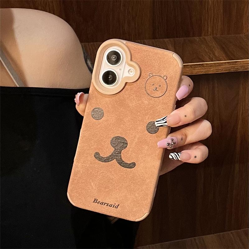 Cute Cartoon Bear Head for Apple 16promax Anti-fall Brown Plush Leather 15plus/12/14